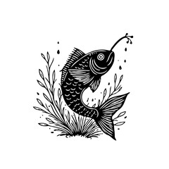 Enchanting monochrome illustration depicting a fish with a lure swimming amongst aquatic plants and bubbles with creative design