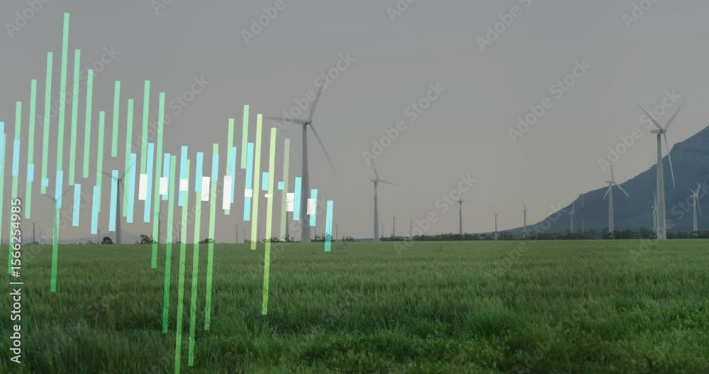 Poster on start animated audio waveform bars rising and pulsating over wind turbines simulating levels