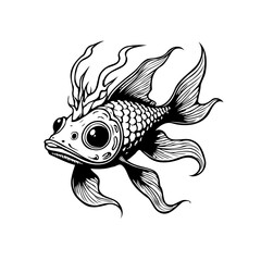 Detailed monochrome illustration of a whimsical and ornate goldfish with intricate fins and scales in black and white