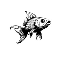 Stylized artistic goldfish drawing illustration in black and white tones with detailed fins and scales