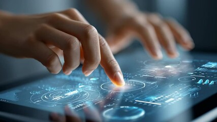 close-up of human hands interacting with a transparent augmented reality interface displaying complex data visualizations, sleek futuristic design, clean blue and white light, abstract technology - Powered by Adobe