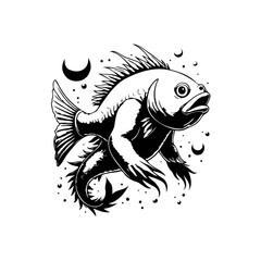 Enigmatic fish with clawed hands swimming in a celestial ocean, a monochrome fantasy creature drawing