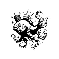 Monochrome majestic aquatic creature with a royal crown illustration of fish concept and graphic artwork