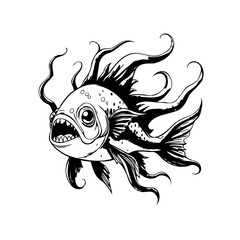 Intricate black and white illustration of a menacing fish with flowing fins and open mouth