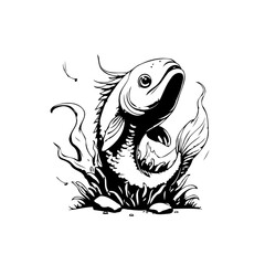 Illustrative depiction of a fish gracefully leaping, emphasizing the fish's dynamic form with artistic flair and bold black lines
