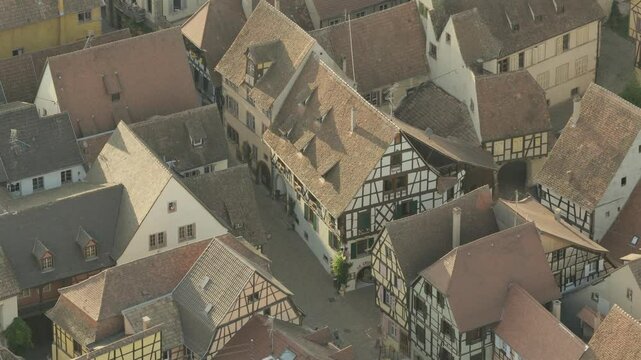 Aerial view of Riquewihr Vinyards and Alsacian Village on the Route des Vins in Alsace