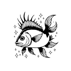 Stylized black and white illustration of a fantasy fish with ornate fins and scales artfully done
