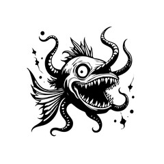 A black and white grotesque fish with tentacles horror illustration art design and concept art style graphic