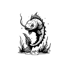 Detailed black and white illustration of a whimsical fish swimming gracefully in aquatic vegetation, creative graphic