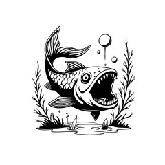 Aggressive fish swimming underwater with its mouth open and sharp teeth vector illustration design
