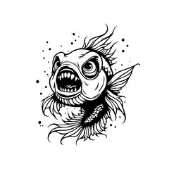 Intricate black and white drawing capturing the aggressive nature of a predatory fish with menacing teeth illustration