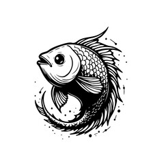 Elegant single line illustration of a fish swimming gracefully in a minimalist style black and white