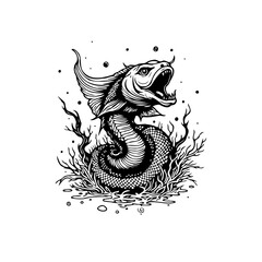 Mystical sea serpent illustration with intricate details evoking legends and fantasy creatures in black