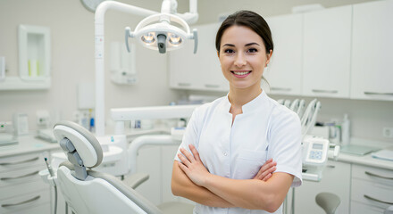 Female dentist wearing a white coat standing confidently in a modern dental clinic with dental equipment and tools in the background