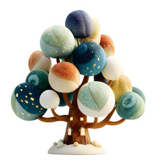 Whimsical tree with colorful, textured spheres representing leaves, featuring cozy house at its base, evokes sense of charm and creativity