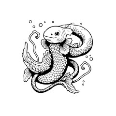 Whimsical aquatic creature in black and white line art drawing with fantasy elements showcases artistic vision