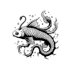 Detailed black and white illustration of a fantasy fish with unique features and embellishments swirling around