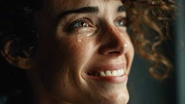 tight close-up of a person with a tearful but hopeful expression, soft natural light, shallow depth of field, storytelling atmosphere