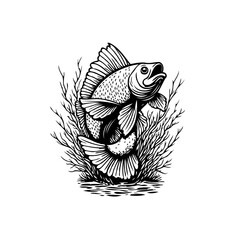 Monochrome illustration of a perch fish jumping out of the water with detailed reeds drawing