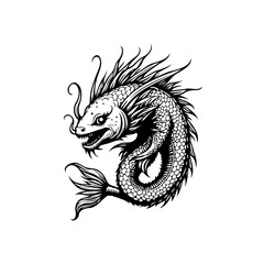 Elegant mythical eastern dragon fish illustration showcasing intricate details and graceful curves on a pristine white backdrop