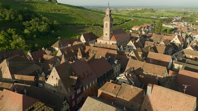 Aerial view of Riquewihr Vinyards and Alsacian Village on the Route des Vins in Alsace