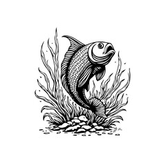 Illustration of a fish underwater with aquatic plants creating a captivating nature scene imagery