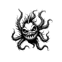 Unleashing the kraken: a monochrome vector illustration of a menacing sea monster with tentacles and sharp teeth