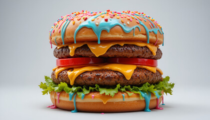 Whimsical fantasy burger with candy-colored icing drips, rainbow sprinkles, vibrant lettuce, juicy patties, and melted cheese on a pastel background — surreal food fusion ideal for creative culinary a