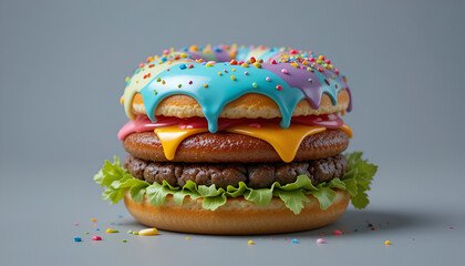 Whimsical fantasy burger with candy-colored icing drips, rainbow sprinkles, vibrant lettuce, juicy patties, and melted cheese on a pastel background — surreal food fusion ideal for creative culinary a