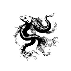 Elegant black and white illustration of two graceful fish intertwined in a flowing dance depicting harmony and balance