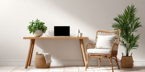 Fototapeta premium Serene Boho Workspace with Rattan Chair and Wooden Table, Minimalist Blank Wall with Soft Glow and Copy Space on Left Side
