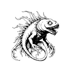 Creepy mythical creature illustration with sharp teeth menacing claws and scales isolated white background graphic art