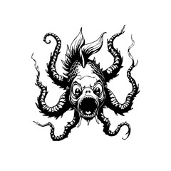 A fantastical sea monster illustration showcasing a fusion of aquatic and monstrous features depicted in black and white