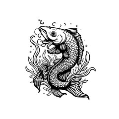 Stylized fish illustration in black and white with water plants and bubbles artistic design