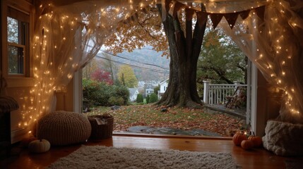 Cozy Autumn Room with String Lights and Garden View