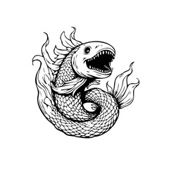 Obraz premium Unique artistic design of a stylized fish illustration featuring intricate details and flowing flames effect on white