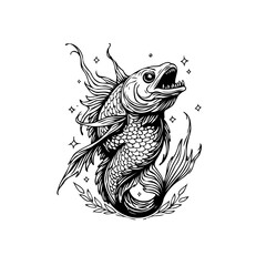 Intricate hand drawn fish illustration featuring detailed scales fins and aquatic plant life in monochrome style digital illustration