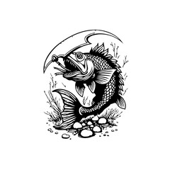 Vintage styled illustration featuring an aggressive fish catching a bait perfect for fishing themed designs