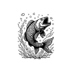 Detailed graphic drawing of a fish leaping upwards from the water, surrounded by seaweed, and bubbles
