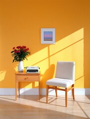 Fototapeta premium Vintage Home Office Vibes with Typewriter on Wooden Desk, Copy Space on Shadowed Wall