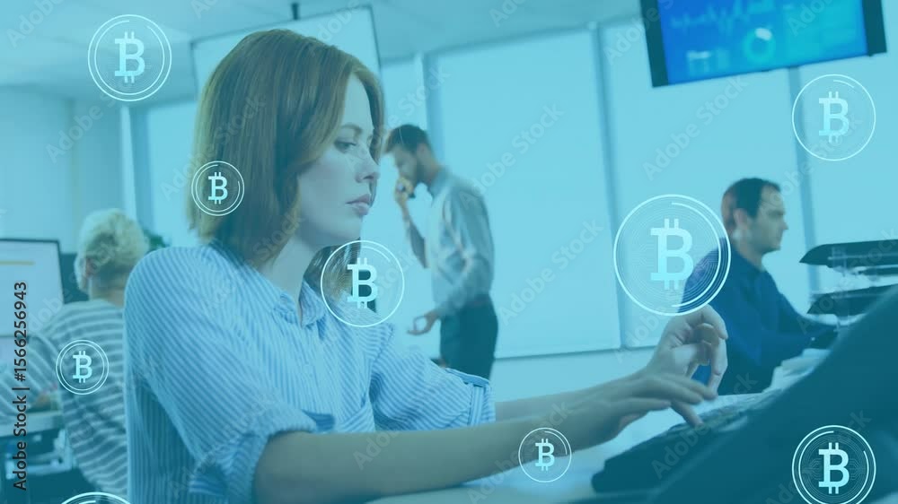 Poster red-haired trader typing on keyboard bitcoin icons appearing around desk visualizing trading data