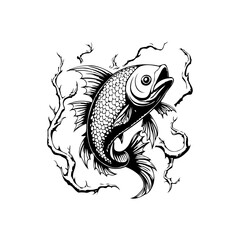 Detailed black and white illustration of a fish surrounded by abstract elements in a creative composition