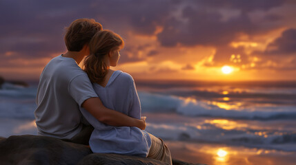 Romantic couple enjoying sunrise together by the sea