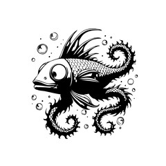 Whimsical underwater illustration of a stylized fish with expressive eyes and intricate swirling details