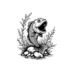 Detailed drawing of an open mouthed fish with surrounding plants and rocks in monochromatic theme