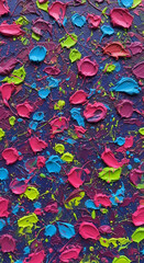 Vibrant impasto painting with pink, blue, and green strokes on a dark purple background.