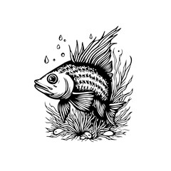 Black and white drawing of a fish in the water with detailed fins and seaweed illustration