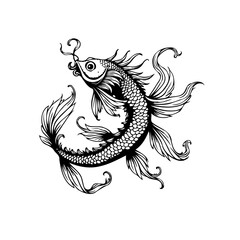 Elegant koi fish illustration with intricate scale details in black and white drawing style aquatic inspiration