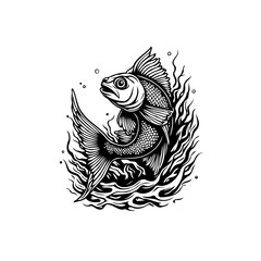 Fototapeta premium Detailed monochrome fish illustration showcasing aquatic beauty with elegant flame like water elements, artistic expression