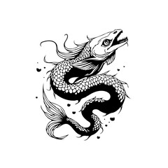 Monochrome mythical dragon depiction with scales serpentine body and fish features artwork illustration ink graphic